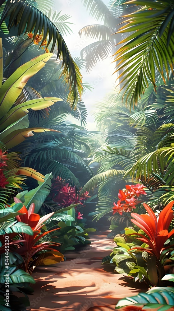Obraz premium Lush Tropical Jungle Landscape with Diverse Foliage and Cinematic Visuals