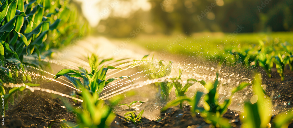 summer corn field with water irrigation system and watering plants