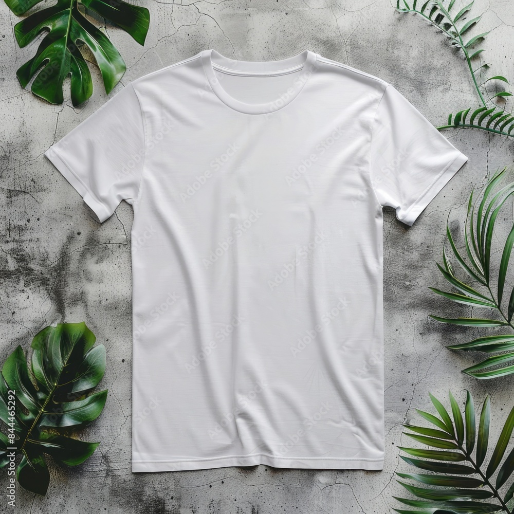 Top view white t-shirt mockup on texture background Top view white t-shirt mockup on texture background