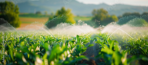 summer corn field with water irrigation system and watering plants photo