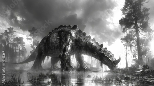 Fototapeta Naklejka Na Ścianę i Meble -  A dinosaur is standing in the water, possibly a crocodile or a large lizard. The image is black and white, giving it a dramatic and mysterious appearance.