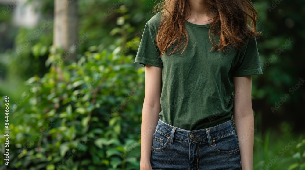A woman wearing a green t-shirt with blank space for text against a green leafy background A woman wearing a green t-shirt with blank space for text against a green leafy background