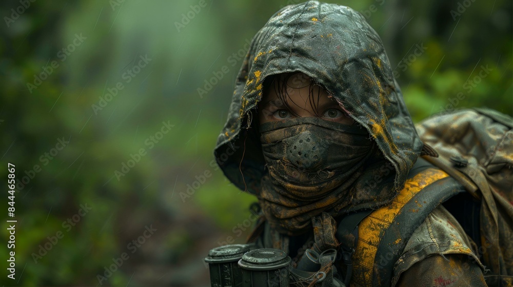 A person wearing a camouflage hoodie and a mask, possibly a ninja or a soldier, standing in a forest or a jungle. A person wearing a camouflage hoodie and a mask, possibly a ninja or a soldier, standing in a forest or a jungle.