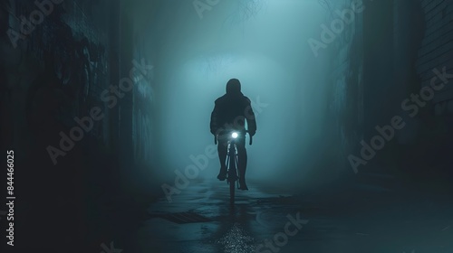 Skeletal Silhouette Navigating Foggy Abandoned Cityscape in Moody Expressionistic Style