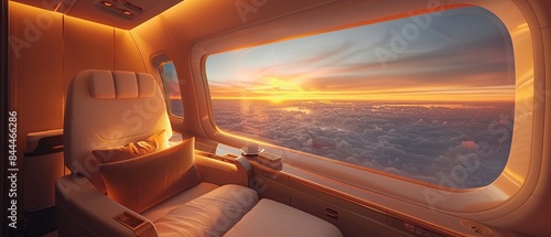 Elegant airplane seat facing sunset sky, large windows, warm light reflecting, high detail, modern firstclass interior 8K , high-resolution, ultra HD,up32K HD