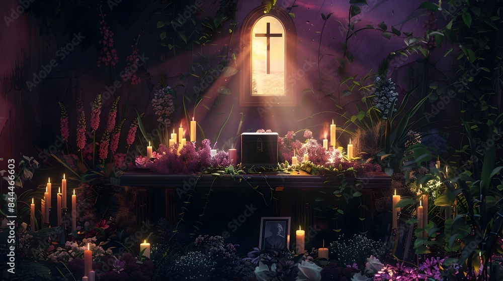 Naklejka premium Mystical Candlelit Altar Glowing in Sacred Forest Sanctuary description This captivating image depicts a serene and mystical religious altar set