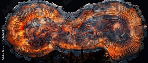 Close-up of a beautifully charred wooden log with vibrant swirling grain patterns and a darkened, burnt edge on a black background. photo