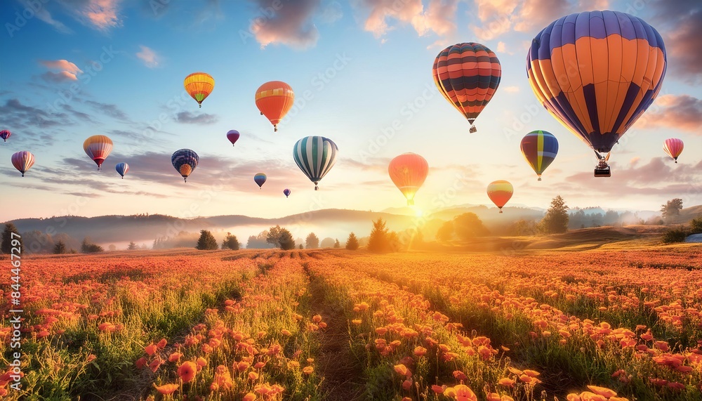 Fototapeta premium A breathtaking scene of hot air balloons floating over a vibrant flower field at sunrise. The sky is painted with warm hues of orange and pink, as the sun rises over the horizon. 