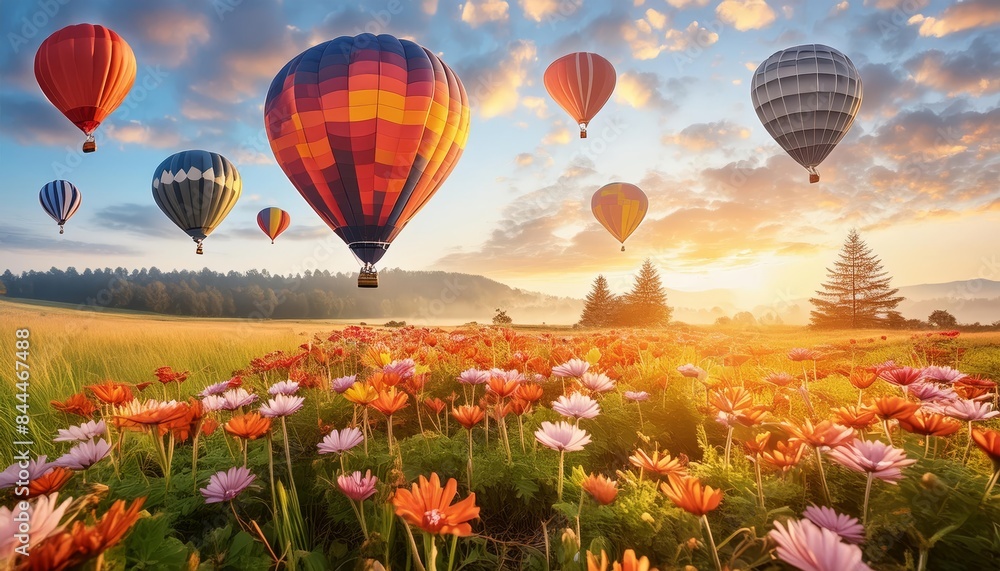 Fototapeta premium A breathtaking scene of hot air balloons floating over a vibrant flower field at sunrise. The sky is painted with warm hues of orange and pink, as the sun rises over the horizon.