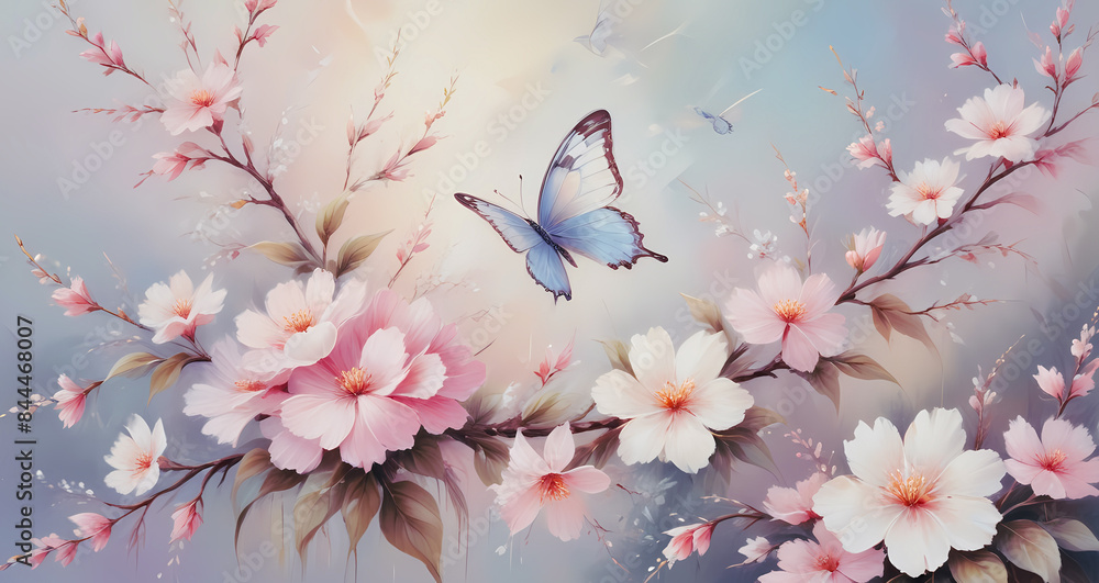 spring background with sakura flowers, pink cherry blossom, oil painting style, pastel background with butterflies and flowers spring background with sakura flowers, pink cherry blossom, oil painting style, pastel background with butterflies and flowers