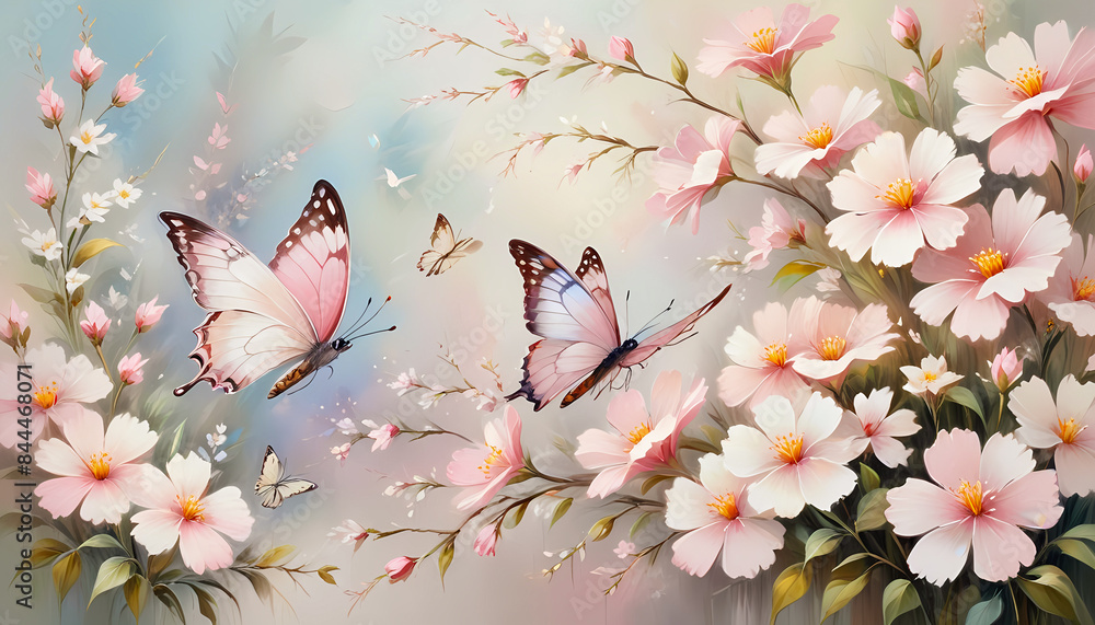 spring background with sakura flowers, pink cherry blossom, oil painting style, pastel background with butterflies and flowers spring background with sakura flowers, pink cherry blossom, oil painting style, pastel background with butterflies and flowers