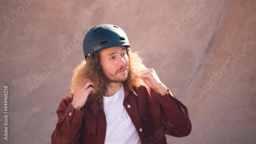 Latin man with curly hair is sitting on a skateboard and putting on a black helmet. The man is getting ready for skateboarding