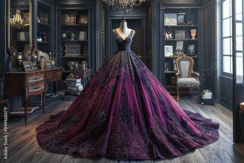A mother-of-the-bride beams in a sophisticated, jewel-toned gown displayed in a luxurious boutique.