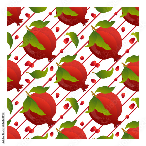 Abstract pattern of pomegranate fruits with green leaves  stripes and pomegranate seeds on a white background. Seamless pattern with pomegranate. Wrapping paper  textile  packaging  vector illustratio