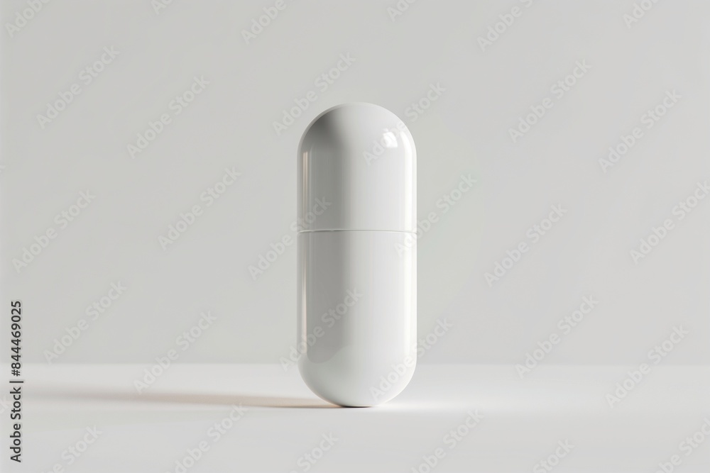A white pill bottle with a single pill standing upright, against a clean white background. Focus on the pill. A white pill bottle with a single pill standing upright, against a clean white background. Focus on the pill.