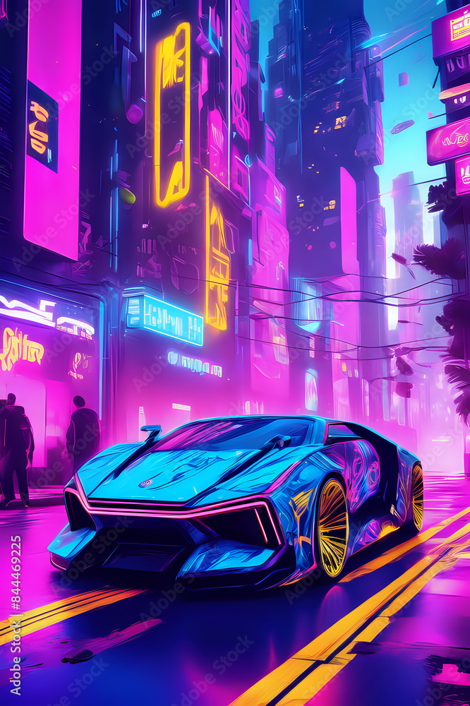 Luxury car in futuristic city. Fantastic illustration Luxury car in futuristic city. Fantastic illustration