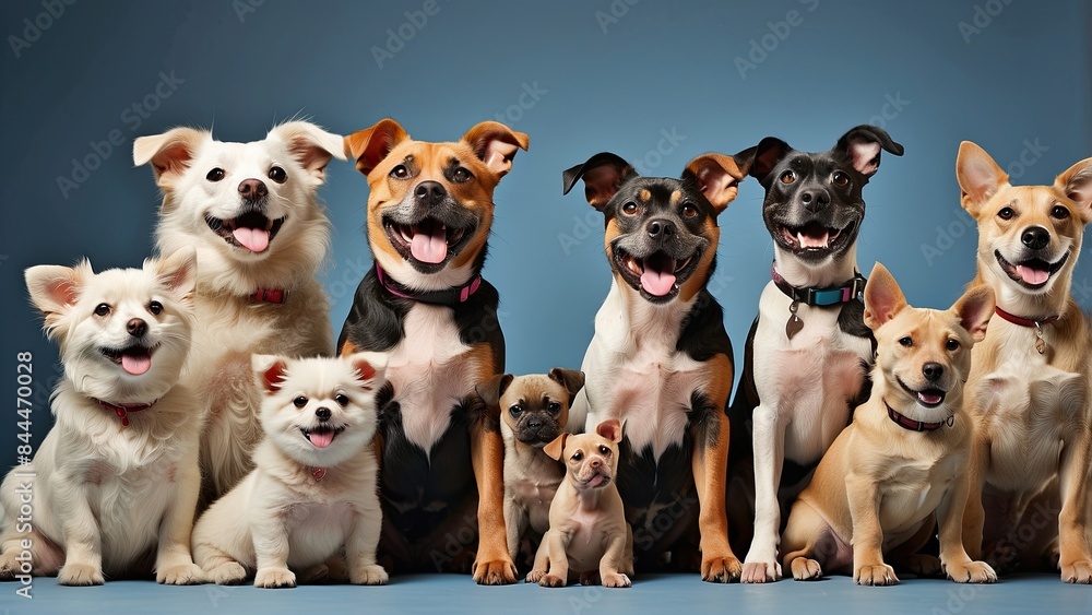 Group portrait of dogs of various shapes, sizes, and breeds. Stray pets with happy expression waiting for adoption.