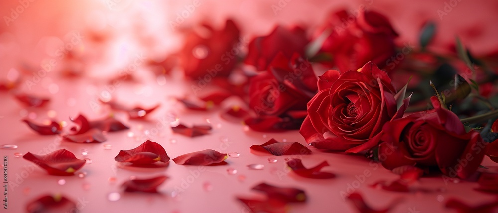 Red roses on pink background, petals scattered, soft lighting, high detail, romantic and elegant 8K , high-resolution, ultra HD,up32K HD Red roses on pink background, petals scattered, soft lighting, high detail, romantic and elegant 8K , high-resolution, ultra HD,up32K HD