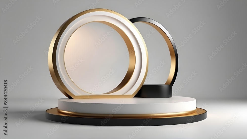 Golden luxury podium on a white background with golden rings. beauty product demonstration. Golden luxury podium on a white background with golden rings. beauty product demonstration.