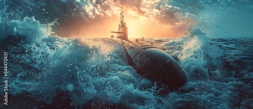 Submarine breaking the ocean surface, dramatic water splash, bright sunlight, underwater perspective, high detail, dynamic scene 8K , high-resolution, ultra HD,up32K HD