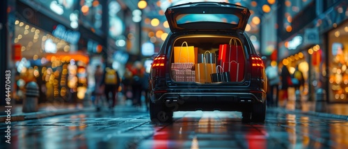 SUV with open trunk full of shopping bags, mall backdrop, evening scene, high detail, retail and lifestyle 8K , high-resolution, ultra HD,up32K HD photo