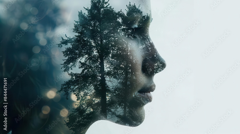 Double exposure self portrait with multiple layers close up