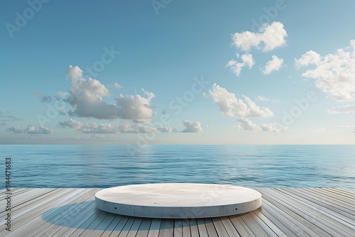 Circular platform overlooking the sea with a wooden deck and a clear sky.