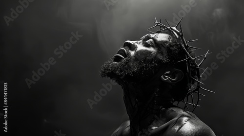 Dramatic portrait of black Jesus Christ with crown of thorns