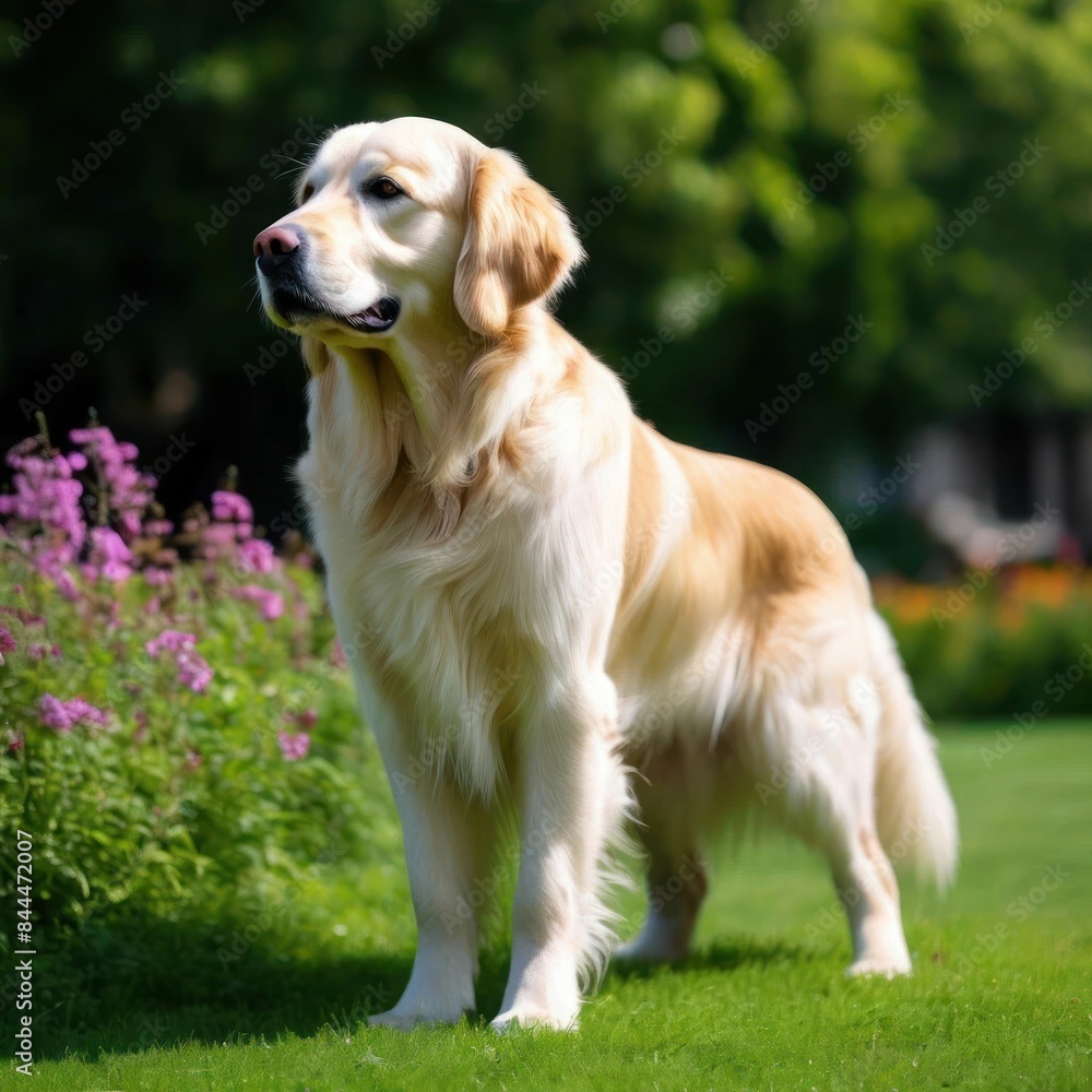 A retriever standing in a bright garden, an image generated by artificial intelligence A retriever standing in a bright garden, an image generated by artificial intelligence