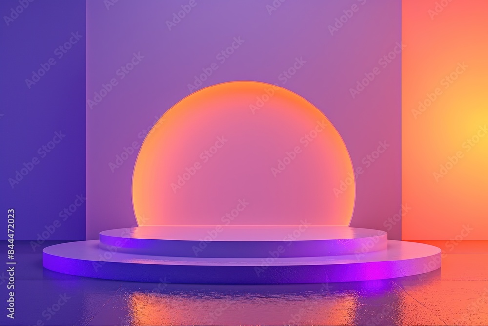 Vibrant round podium with a glowing backlight in a purple room. Vibrant round podium with a glowing backlight in a purple room.