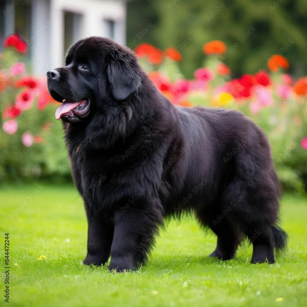 Newfoundland standing in a bright garden, an image generated by artificial intelligence Newfoundland standing in a bright garden, an image generated by artificial intelligence