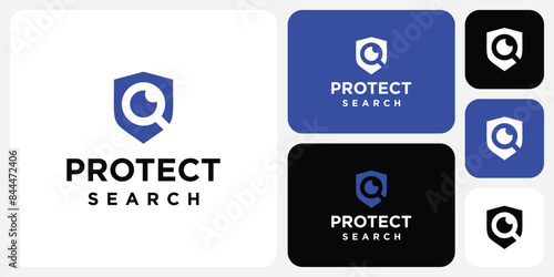 Vector logo design in the shape of a shield and magnifying glass as a search symbol in a modern, simple, clean and abstract style.