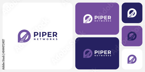 Vector logo design for the initials letter P in the shape of a tunnel and train tracks in a modern, simple, clean and abstract style.