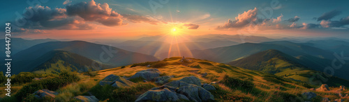 Mountain landscape on a sunny autumn day. View of the mountain slopes and dirt road. Beautiful nature landscape. Carpathian mountains