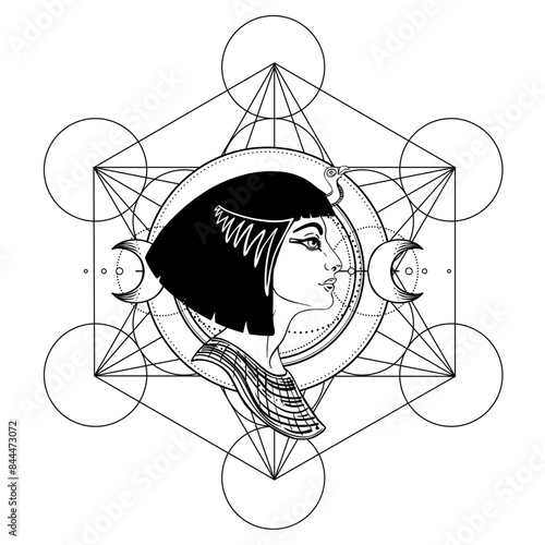 Sacred geometry with egypt symbol. Wings and all seeing eye. Alchemy, religion, spirituality, occultism. Isolated vector illustration. Conspiracy theory. Drawing tattoo art. Coloring book.