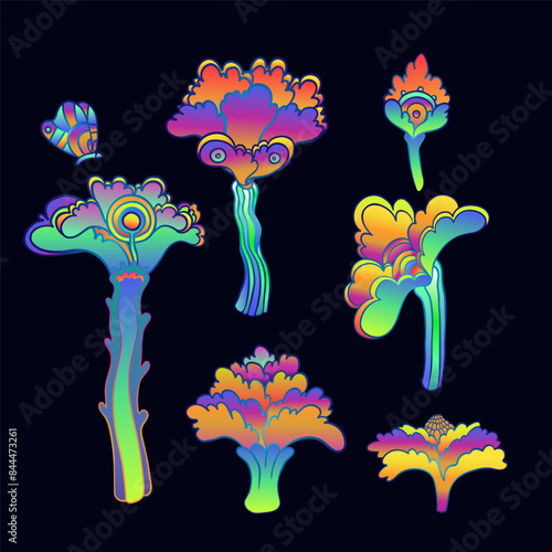Colorful flower set, retro 60s, 70s hippie style. Vintage psychedelic vector ...