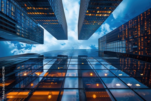 Modern skyscrapers with reflective glass surfaces. Urban architecture with city reflections.