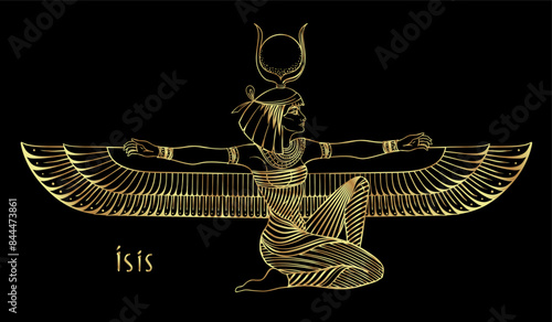 Isis, goddess of life and magic in Egyptian mythology. One of the greatest goddesses of Ancient Egypt, protects women, children, heals sick. Vector isolated illustration in gold over black. Winged