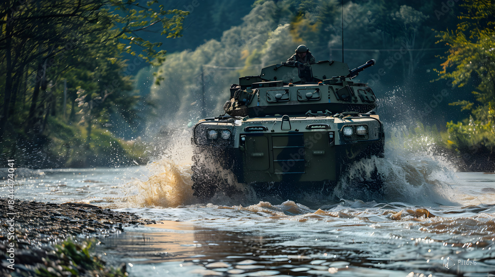 Armored personnel carrier crossing river Armored personnel carrier crossing river