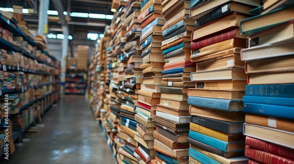 Obraz premium large warehouse filled with stacks books, creating an extensive library-like scene with colorful covers and endless rows literature.