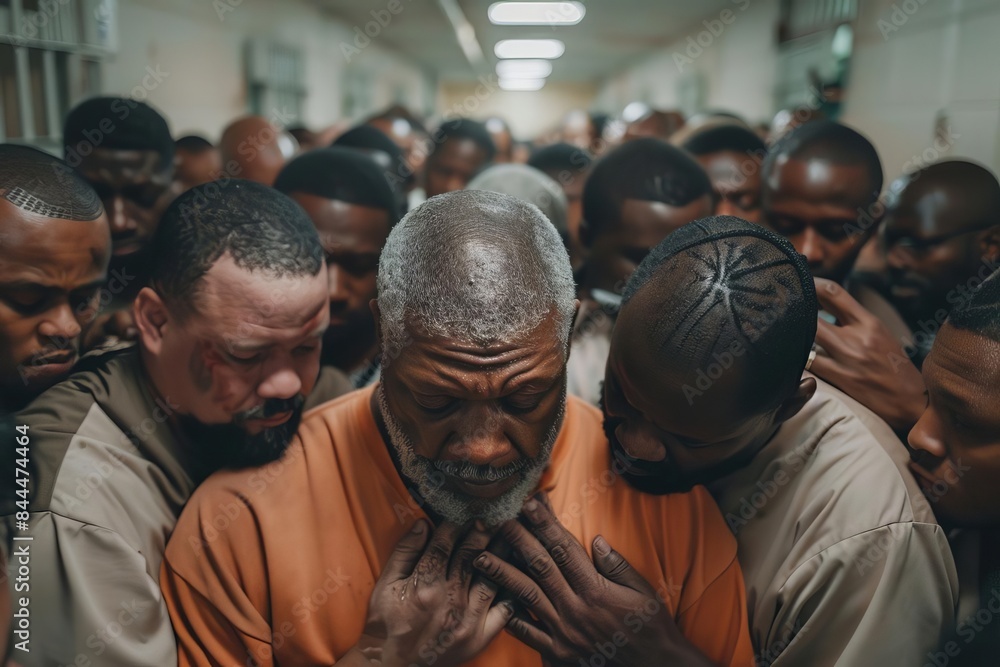 A powerful image of unity and empathy among a group of men comforting each other in a challenging environment, showcasing human connection and support. A powerful image of unity and empathy among a group of men comforting each other in a challenging environment, showcasing human connection and support.
