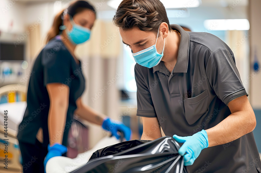 cleaner workers with mask of cleaning company removing trash Bins in Hospital cleaner workers with mask of cleaning company removing trash Bins in Hospital