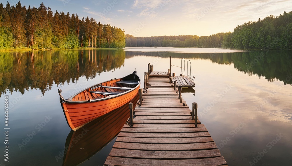 Obraz premium A tranquil morning scene featuring a wooden rowboat floating on a calm lake, with a wooden dock in the foreground. 