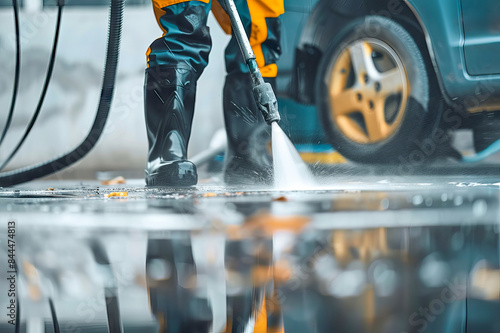 worker using high pressure washer to clean street, cleansing and maintenance service photo