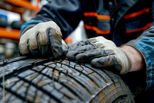 close up of auto mechanic hands changing a wheel on a car in a car repair shop photo