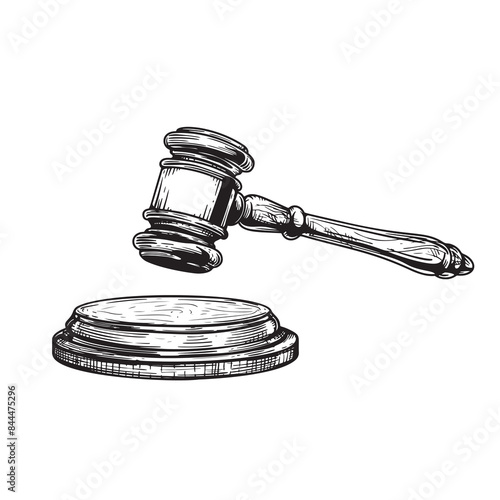 Gavel sketch drawing. Hand drawn hammer of judge or auctioneer. Vector illustration isolated on white background.