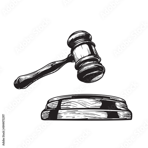 Gavel sketch drawing. Hand drawn hammer of judge or auctioneer. Vector illustration isolated on white background.