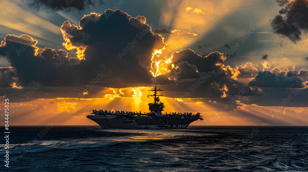 Fototapeta premium Military Ship Silhouette at Sunset 