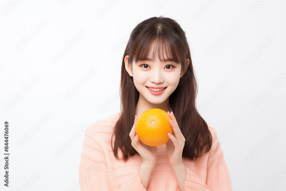 Teen pretty Japanese girl over isolated white background holding an orange Teen pretty Japanese girl over isolated white background holding an orange