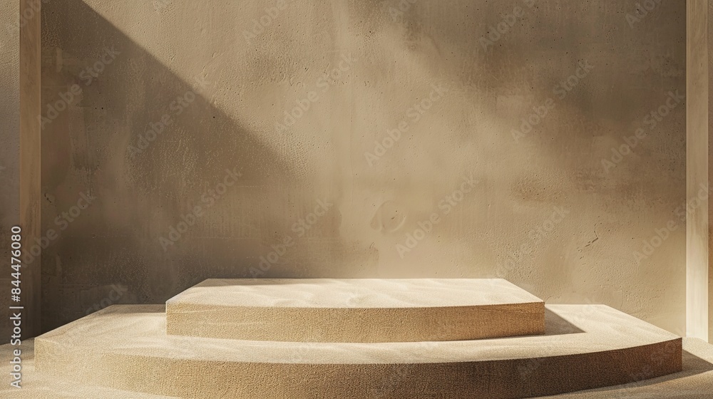 Sunlit podium in a beige room, ideal for product display. Sunlit podium in a beige room, ideal for product display.